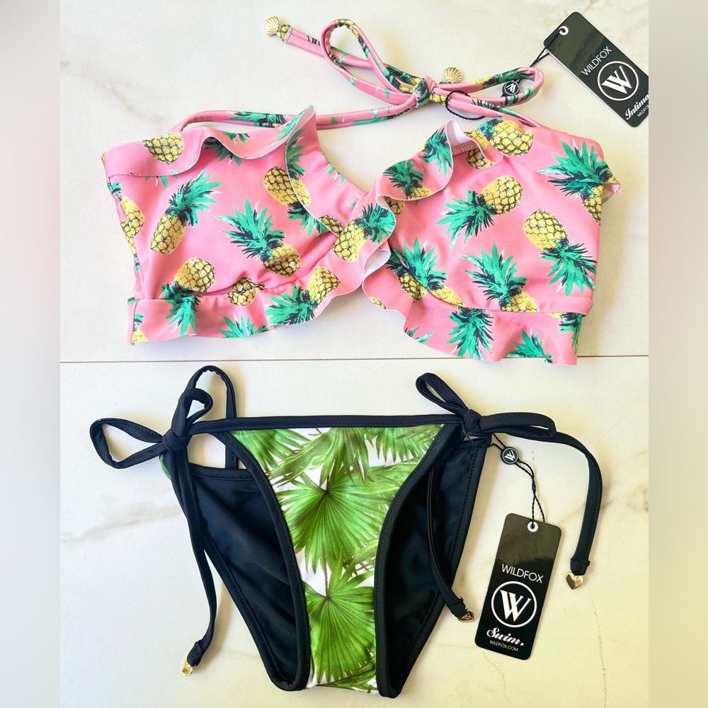 Nwt Wildfox pineapple palm leaf ruffle bikini set